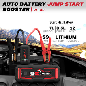 Auto battery jump start booster RB-X2 shown plugged into a car dashboard with red and black clamps attached.
