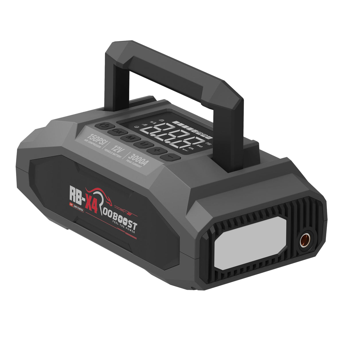 ROOBOOST RB-X4 Jump Starter with carrying handle, digital display screen, and LED flash light, shown on a solid white background.