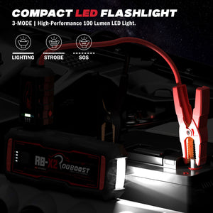 A Rooboost RB-X1 compact LED flashlight jump starter shown clamped onto a car battery in a dark outdoor setting. The image includes text overlays describing the product features and icons indicating its three modes: Lighting, Strobe, and SOS.
