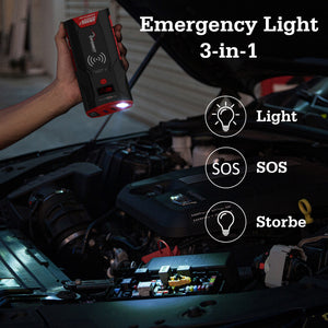 A hand holds a Rooboost Jump starter portable emergency light device above an open car engine bay. The image includes white text reading 'Emergency Light 3-in-1' and feature icons for 'Light', 'SOS', and 'Strobe'.
