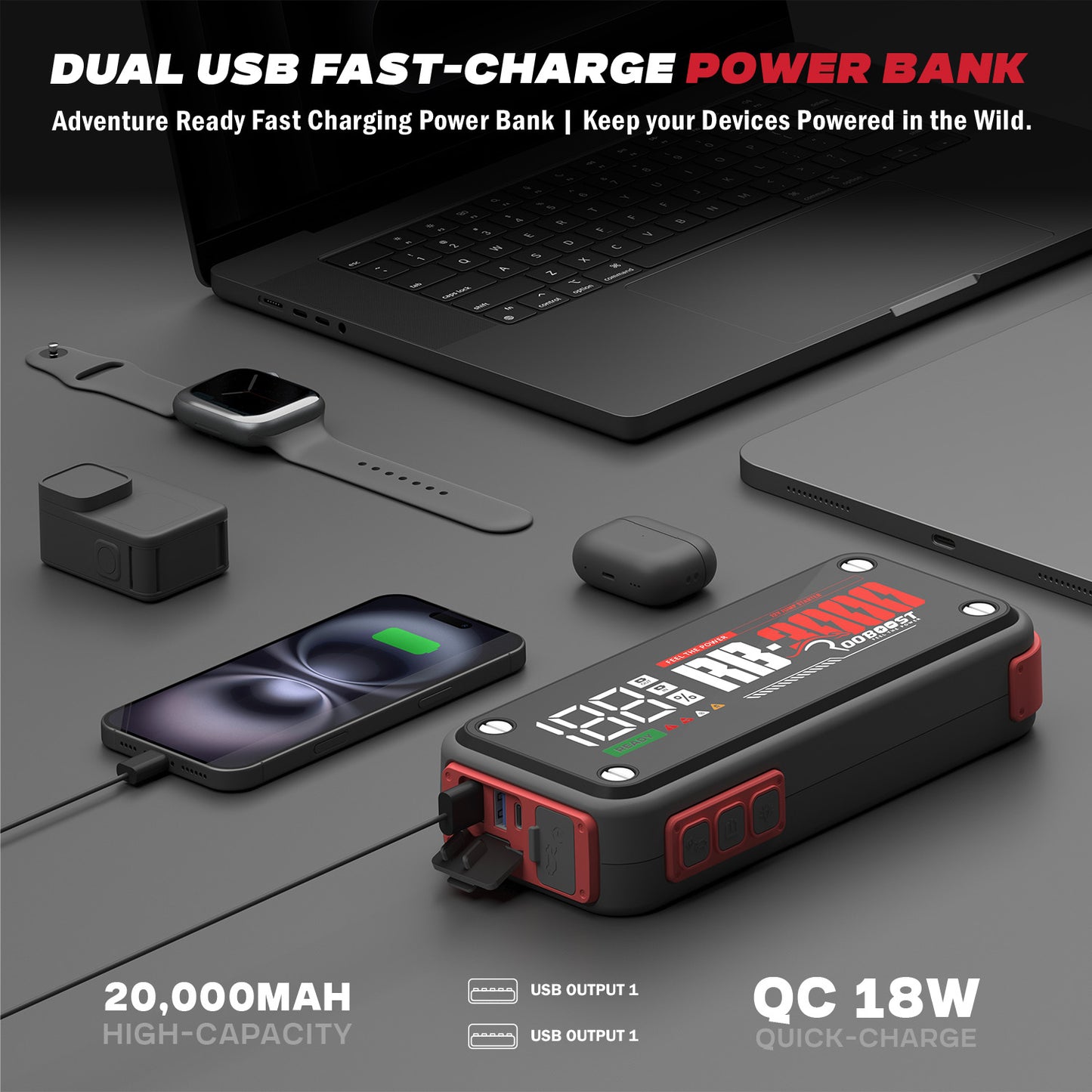 Dual USB fast-charge power bank with smartphone, watch, and tablet on a dark surface