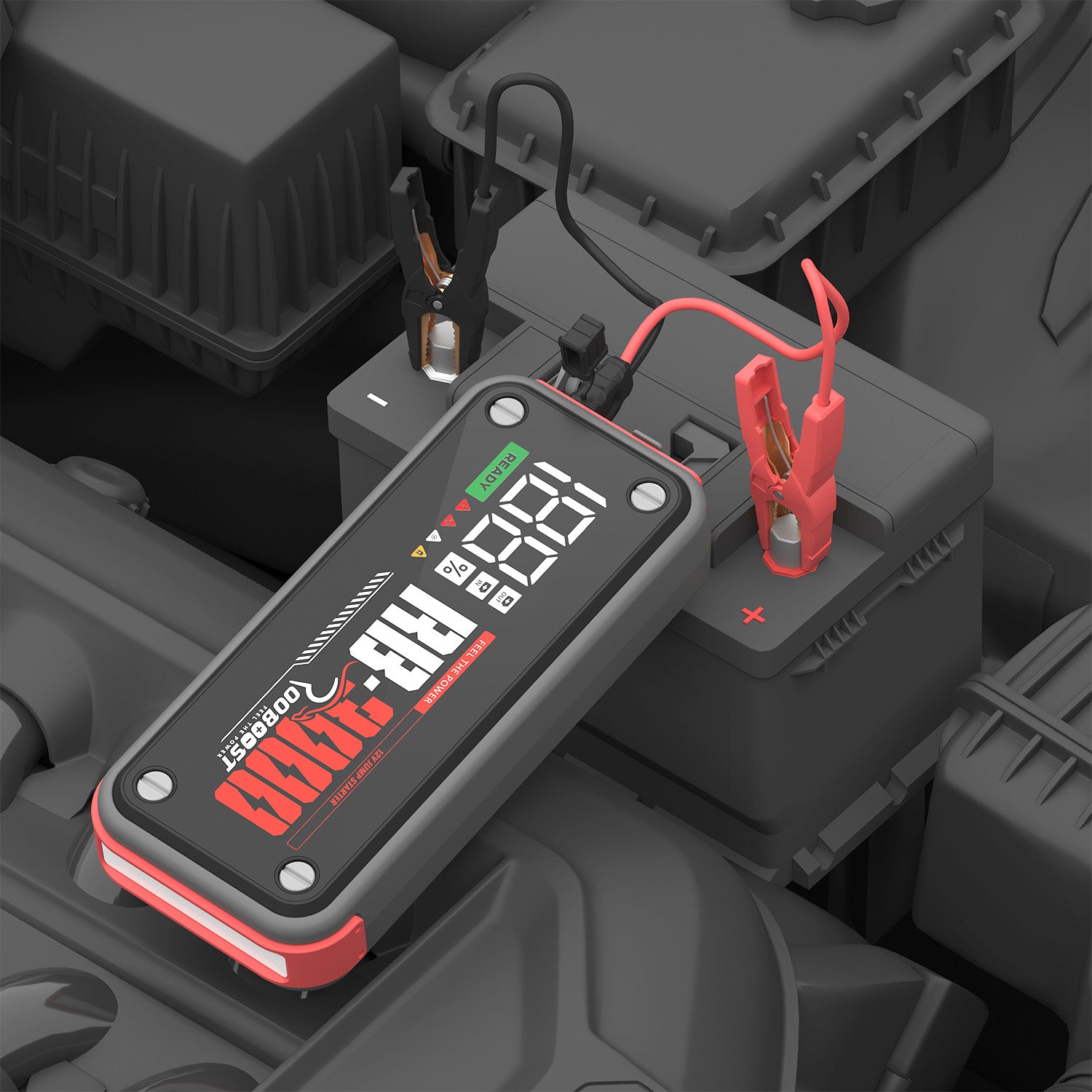 Car battery jump starter on a car battery with visible readings.