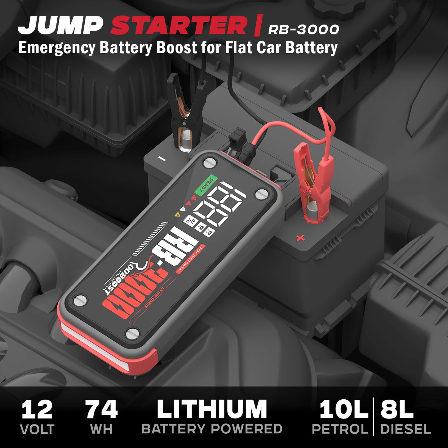 Jump starter device on a car battery with digital display.