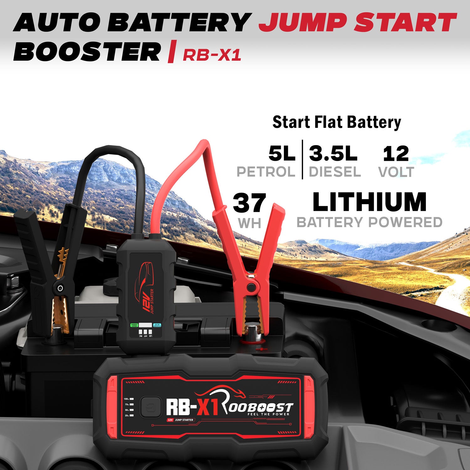 Auto battery jump start booster RB-X1 shown in a car dashboard scene with red and black clamps connected to a flat battery. Text highlights starting a flat battery, 5L petrol, 3.