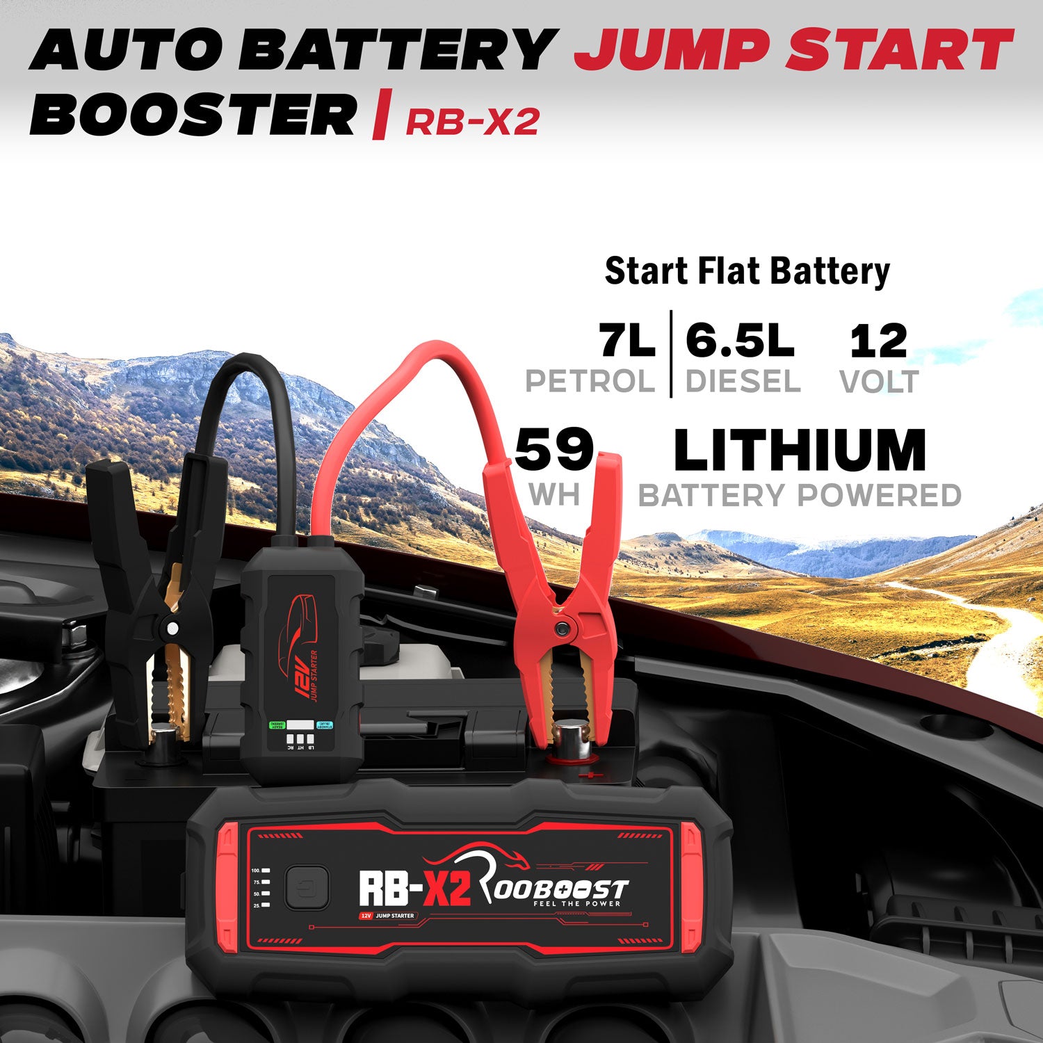 Auto battery jump start booster RB-X2 shown plugged into a car dashboard with red and black clamps attached.