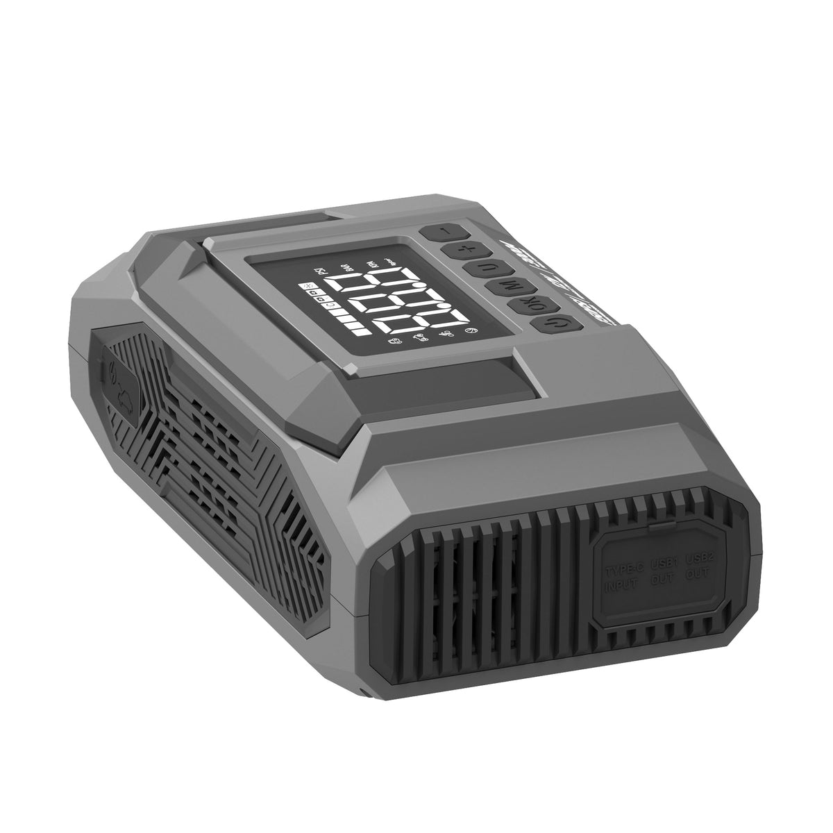 The ROOBOOST RB-X4 with display screen showing battery percentage and ventilation slots on the sides, isolated on a white background.