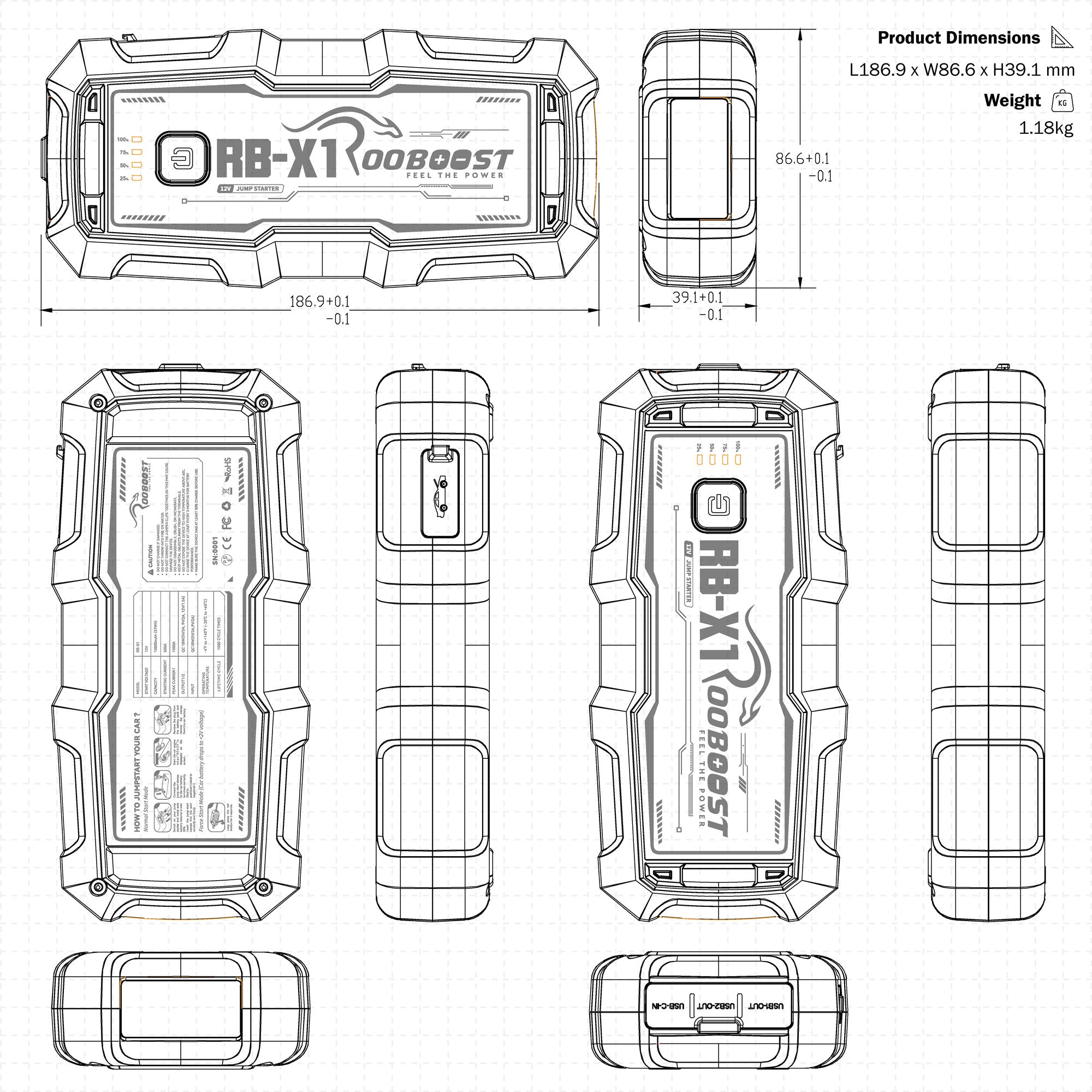 Technical line drawing showing multiple orthographic views of a rugged Rooboost Jump Starter RB-X1 device labelled RB-X1 Rooboost, with dimensions, weight, and product details printed on a white background.