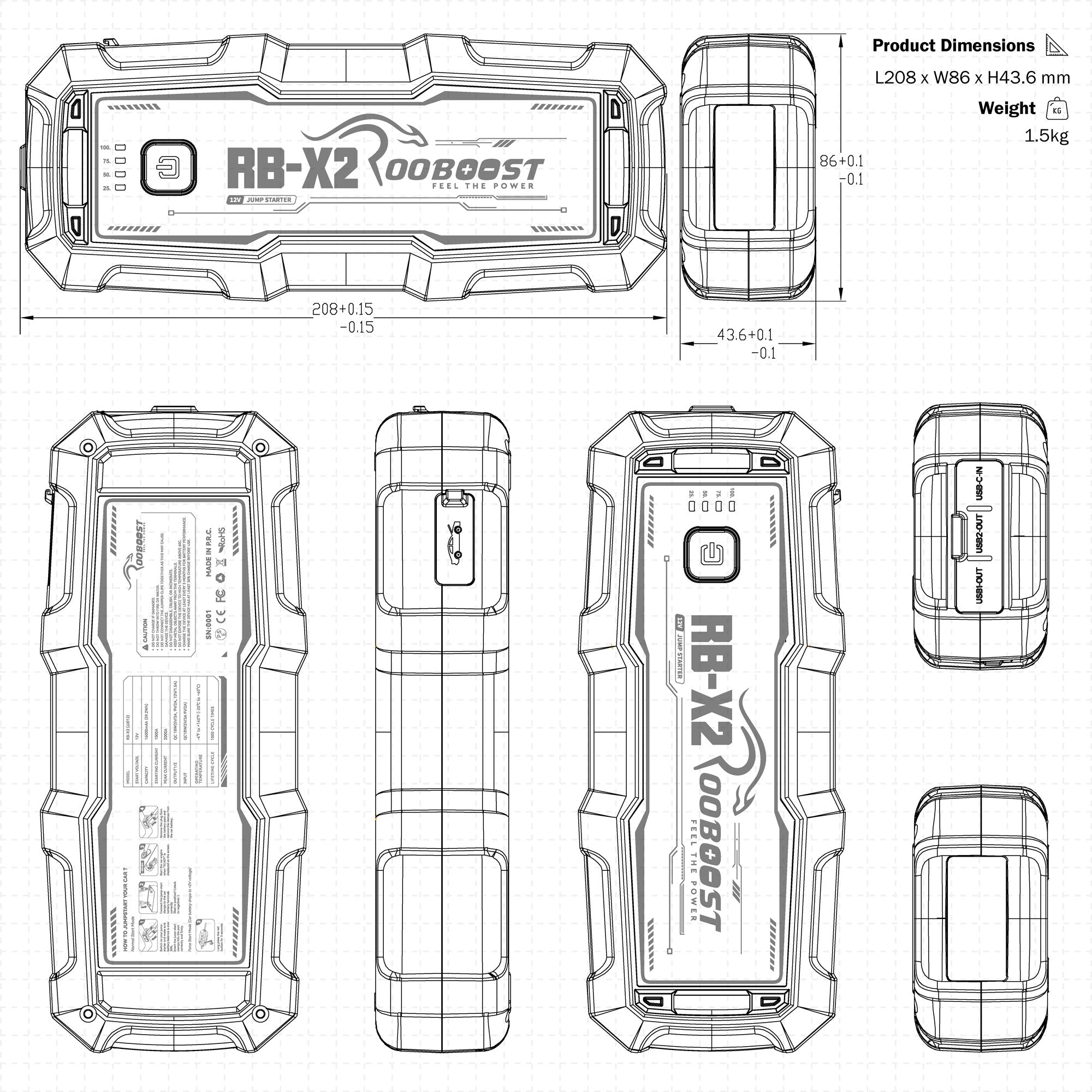 Technical line drawing showing multiple orthographic views of a rugged Rooboost Jump Starter RB-X2 device labelled RB-X2 Rooboost, with dimensions, weight, and product details printed on a white background.