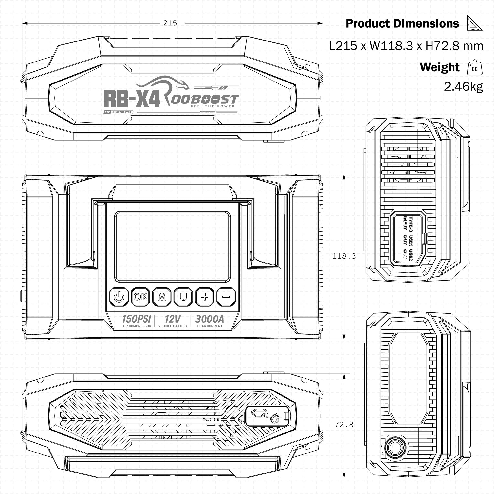 Technical line drawing showing multiple orthographic views of a rugged Rooboost Jump Starter RB-X4 device labelled RB-X4 Rooboost, with dimensions, weight, and product details printed on a white background.