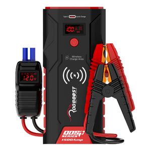 A 1500A portable jump starter battery charger set by Roobest, featuring a black and red main unit with a digital display, a separate black handheld voltage tester with blue probes, and red and black jumper clamps, shown on a white background.