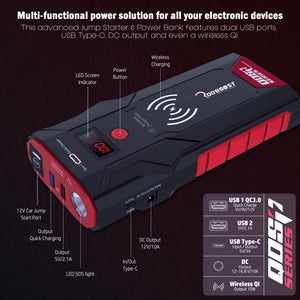 Jump Starter & Power Bank shown at an angle with multiple labelled features and ports, including USB Type-C, USB-A, DC output, LED screen indicator, power button, wireless charging, and quick charging. 