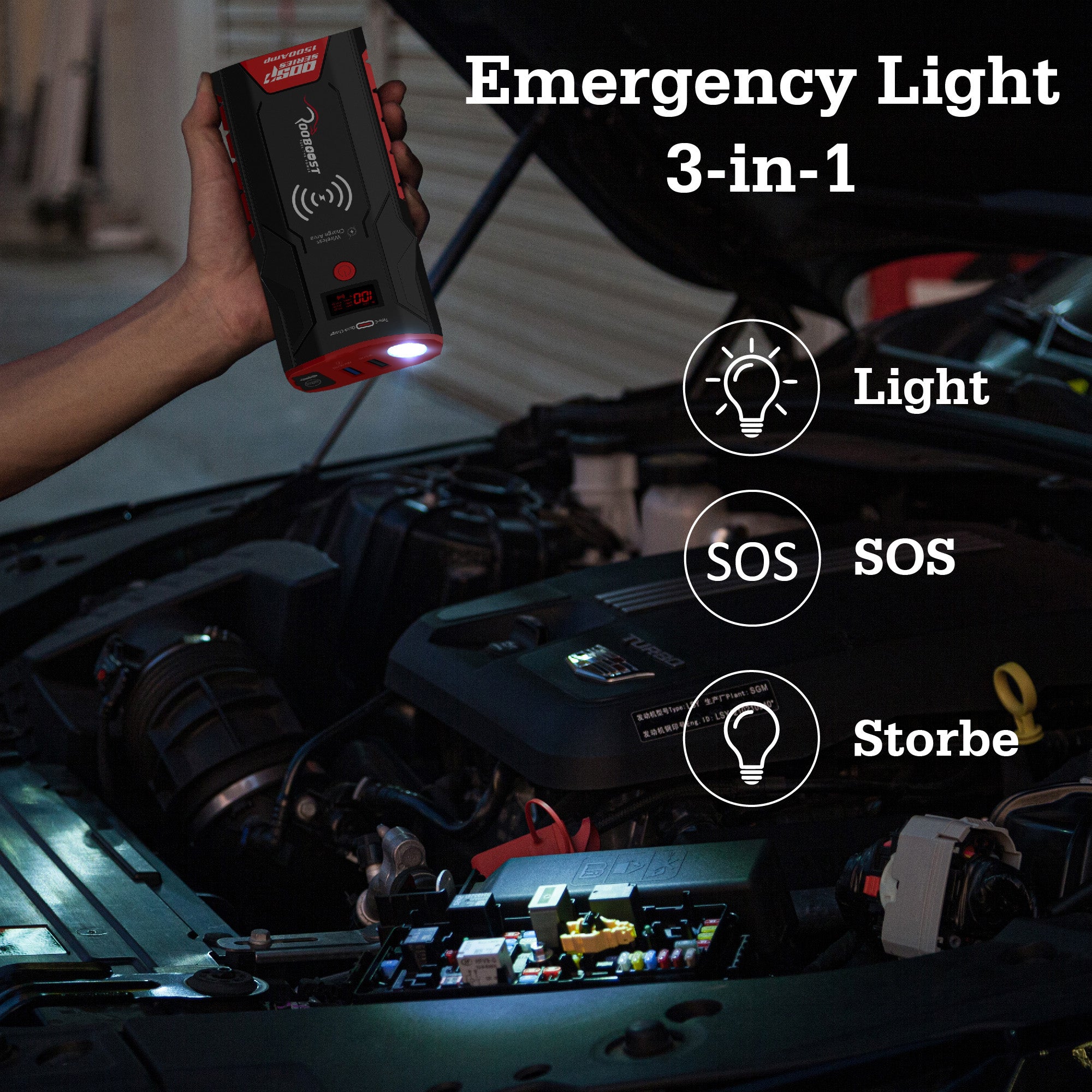 A hand holds a Rooboost Jump starter portable emergency light device above an open car engine bay. The image includes white text reading 'Emergency Light 3-in-1' and feature icons for 'Light', 'SOS', and 'Strobe'.