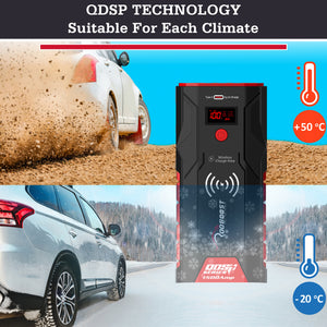 A QDSP portable battery pack shown in a composite graphic with cars in sand and snow, plus temperature icons and the text 'QDSP TECHNOLOGY Suitable For Each Climate.' The battery itself is black with red trim and a small red display.