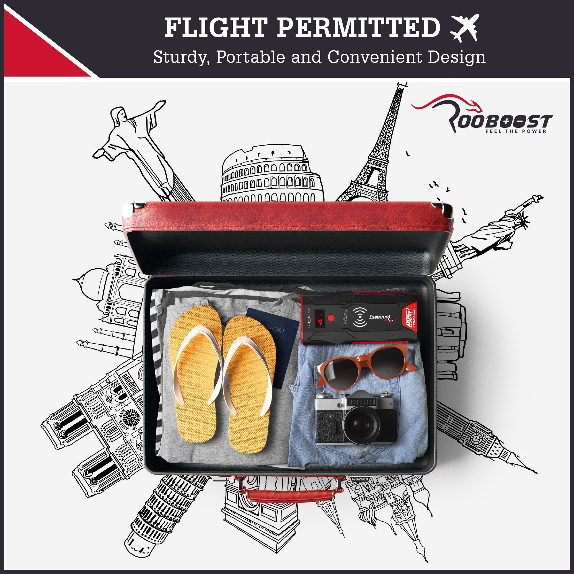 An open travel suitcase shown with travel items inside, including a Rooboost jump starter, yellow flip-flops, a blue towel, sunglasses, and a camera, set against a white background with black architectural sketches.