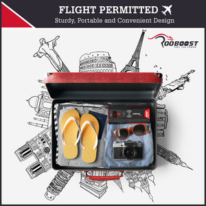 An open travel suitcase shown with travel items inside, including a Rooboost jump starter, yellow flip-flops, a blue towel, sunglasses, and a camera, set against a white background with black architectural sketches.