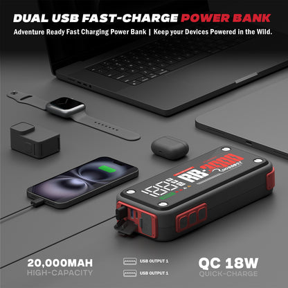 Dual USB fast-charge power bank with smartphone, watch, and tablet on a dark surface