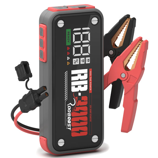 Battery jump starter with digital display and clamps on a white background