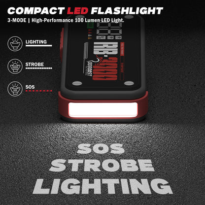 Compact LED flashlight with SOS, strobe, and lighting modes on a dark background