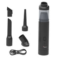 Rooboost cordless handheld vacuum cleaner shown with multiple attachments and a charging cable on a plain white background. The main body is matte black with a transparent dust cup, and the attachments are also black.